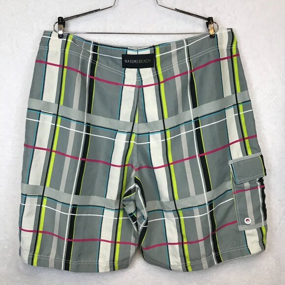 Nasimi Beach Mens XXL Waist 39in Board Swim Shorts Hook Loop Closure Plaid Gray - Picture 7 of 16